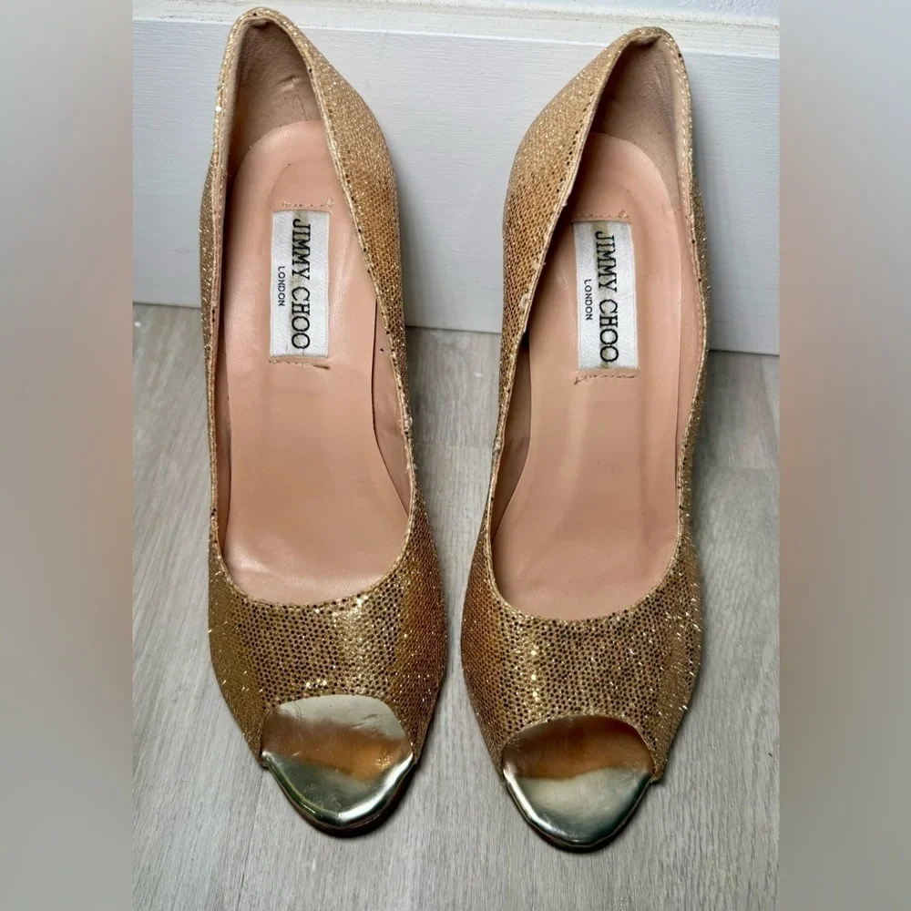 Jimmy Choo Gold Glitter Peep Toe Pumps Women’s EU 38 US 7.5 Stiletto Heels